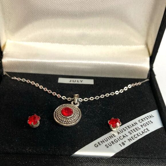 Australian Crystal JULY Ruby Birthstone Earrings and 18 inch Necklace Set - Picture 2 of 8